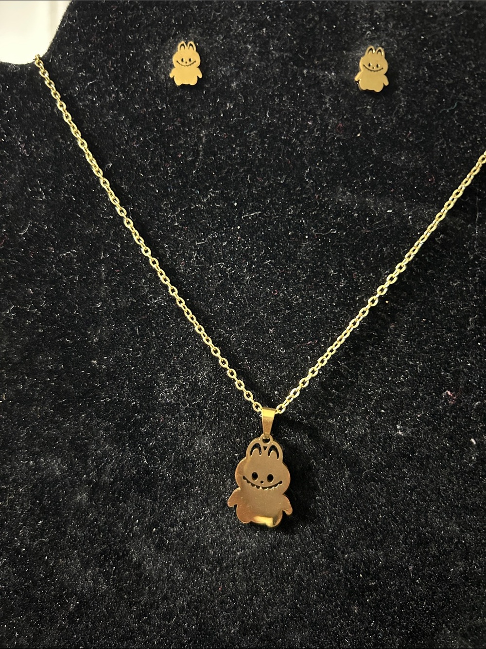 Gold Bunny Pendant Necklace and Stud Set - Gold Tone